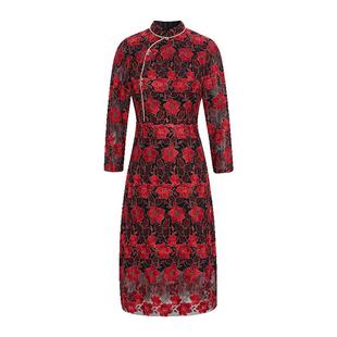 马天奴女装秋季大红色蕾丝刺绣旗袍连衣裙子中式旗袍裙礼裙婚庆