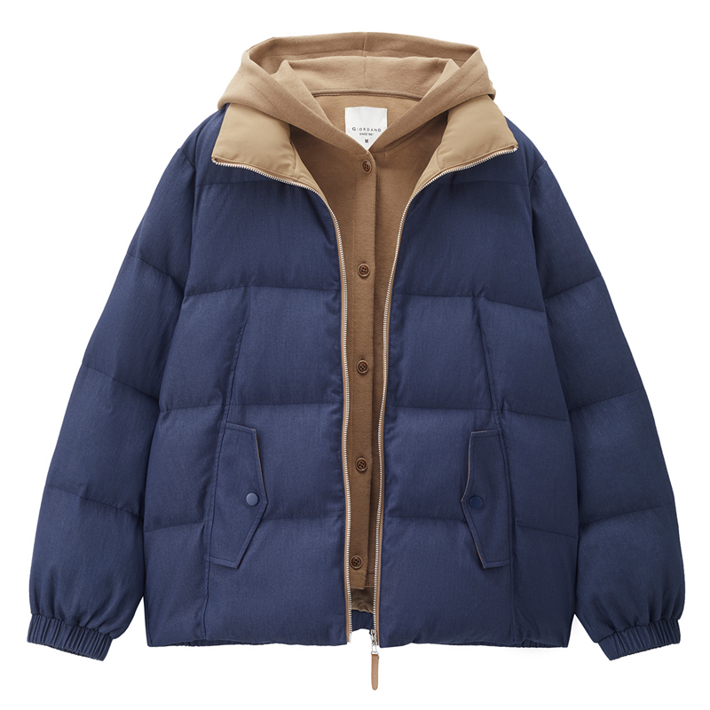 设计师款佐丹奴宽松棉服女装假两件撞色连帽牛仔棉衣外套18375519