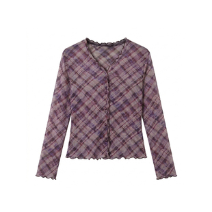 【紫雾格澜】 秋天V领开衫T恤上衣高级衣服得体衣服新款女装外套
