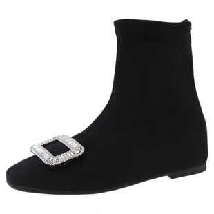 法式小短靴女2025秋冬新款方扣水钻弹力靴低跟方头加绒面瘦瘦靴女