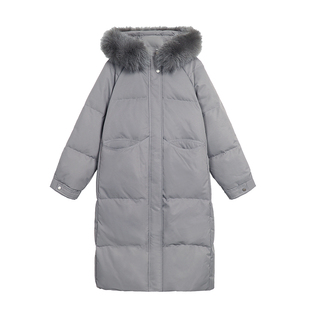 pusumede 冬日织语 灰色长款连帽羽绒服女白鸭绒加厚保暖过膝外套