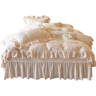 法式雕花保暖牛奶绒床上四件套加厚双面珊瑚毛绒被套荷叶边床盖款