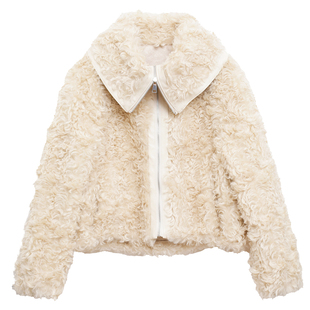 ohmyloli 大翻领奶油白卷卷毛一体复合麂皮绒抽绳收口环保皮草