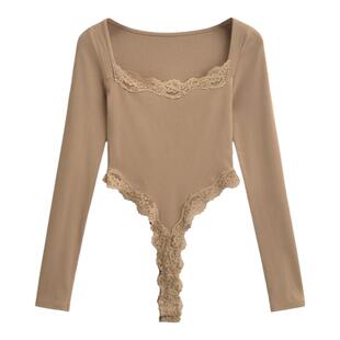 美式高开叉蕾丝性感辣妹紧身露腰纯欲长袖连裆三角打底连体上衣女