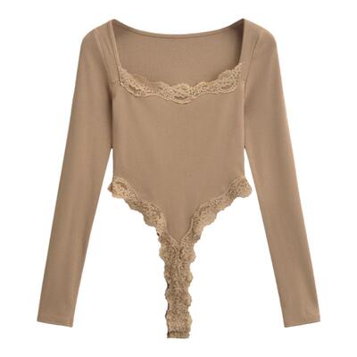 怪力酱花边开叉连体上衣