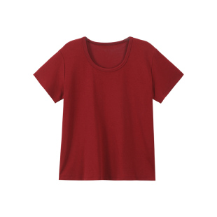 吴童童 红色薄款圆领短袖T恤女夏季新款韩系宽松休闲百搭套头上衣