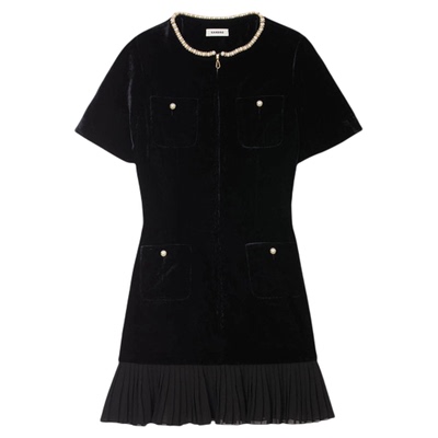 SANDRO绒面仿珠饰圆领连衣裙