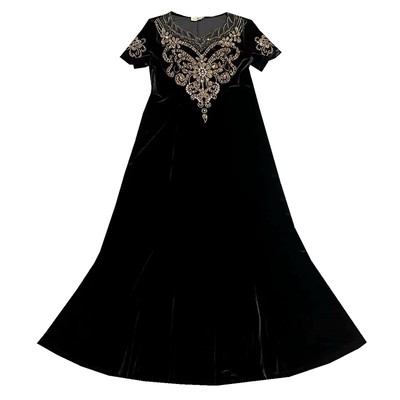 碧阳短袖绣花丝绒典雅连衣裙