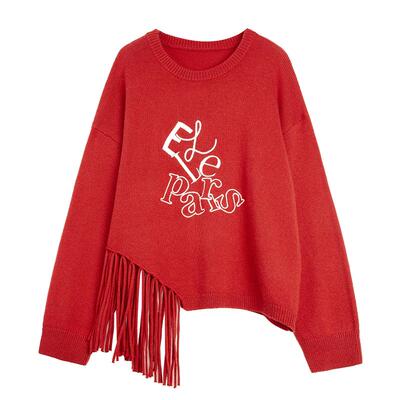 ELLE红色绵羊毛流苏毛衣女