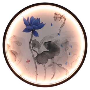 定制灯带圆形画框实木卧室挂画木质框带灯光背景墙玄关现代装饰画