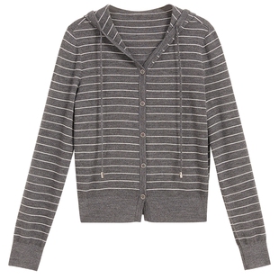 YINER音儿专选2025冬季新款丝光羊毛假两件连帽条纹针织衫