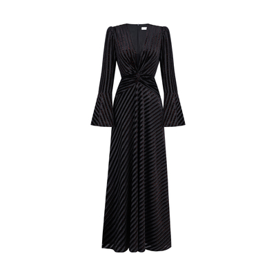 XULU原创秋冬丝绒条纹烫金高腰扭结长裙优雅名媛V领长袖连衣裙