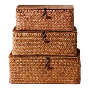 闲储桌面整理盒草编非藤编 带盖箱收纳盒化妆品文具类创意包装盒
