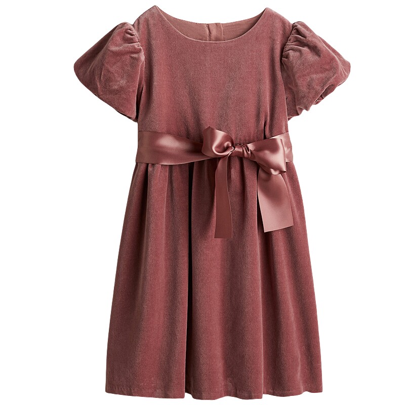 HM童装儿童女童连衣裙圆领优雅丝绒礼服短袖微喇裙1234579