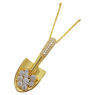 潮港福18K金金铲铲带钻项链 女纯银镶钻小铲子锁骨链黄金轻奢高级