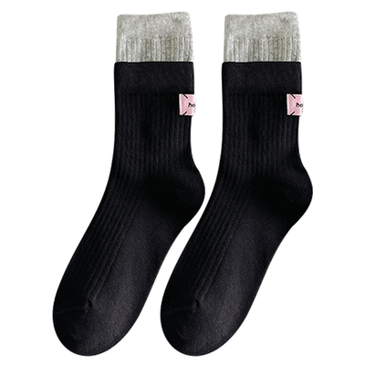 双罗口后跟布标袜子女款纯棉中筒