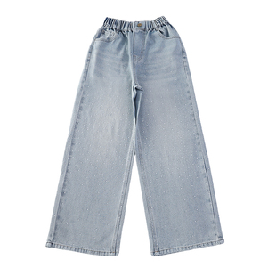 女童裤子春秋儿童浅色亮钻牛仔裤新款洋气中大童满天星直筒阔腿裤
