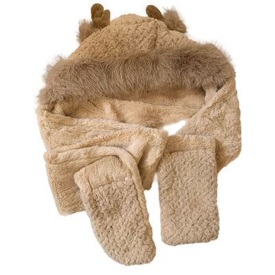 可爱小鹿毛绒帽子围巾一体手套三