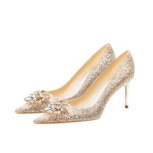 婚鞋秀禾婚纱两穿2025新款水晶鞋新娘鞋女香槟色高跟鞋不累脚主婚