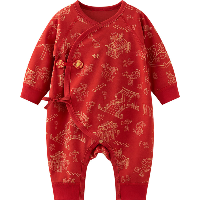 微狮牧尼新生婴儿连体衣红色初生宝宝喜庆年服婴幼儿满月百天衣服