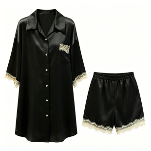 法式蕾丝边翻领宽松冰丝家居服高级感衬衫裙短裤显瘦休闲睡衣女