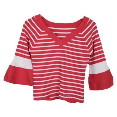 女上衣套头V领条纹修身针织衫