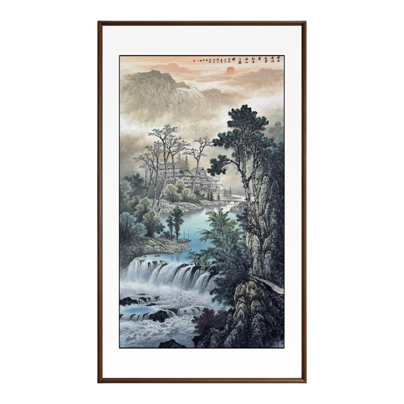新中式飞泉落涧生紫雾山水挂画