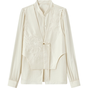 爱居兔苏绣百花图卷联名秋季国风时尚假两件长袖衬衫女