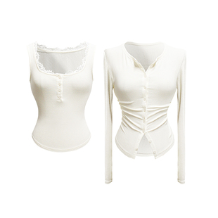 THE SWAN司凰轻奢 情有独钟 日常舒适蕾丝花边针织开衫吊带两件套