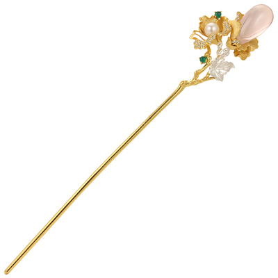 非遗錾刻牡丹珍珠粉水晶银发簪