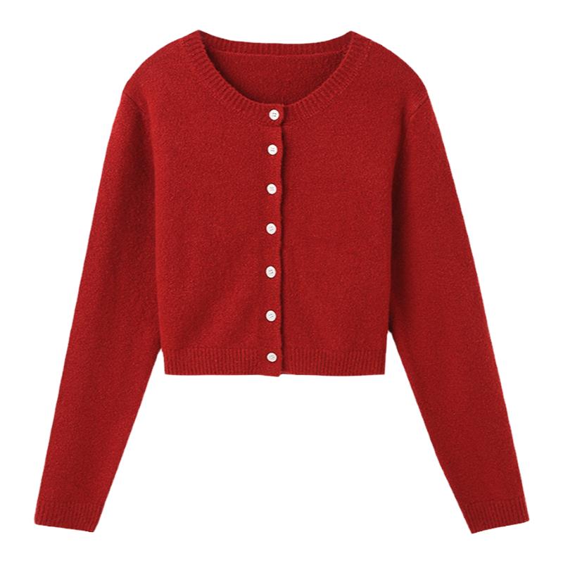 宋正恩红色短款长袖针织开衫外套女春季穿搭高级感修身显瘦小上衣