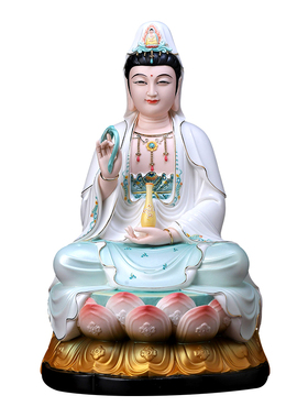 戴玉堂陶瓷《坐祥莲观音 绿衣彩》佛像家用供奉摆件观世音菩萨像