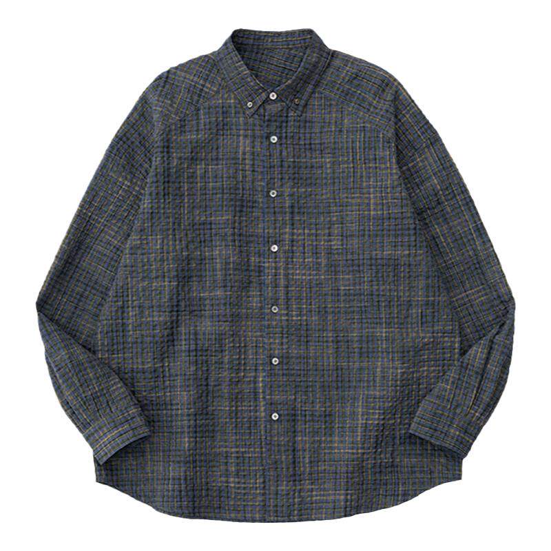 COMMON SCENTS定番版型色织格纹泡泡纱交叉育克宽松廓形长袖衬衫