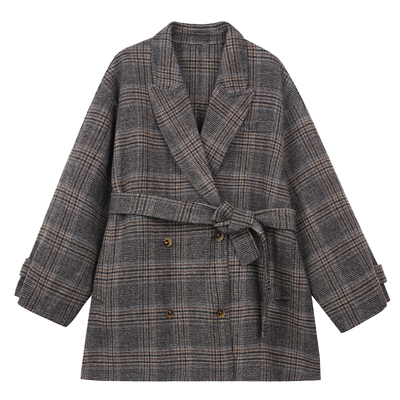 coolline格纹双面呢短大衣