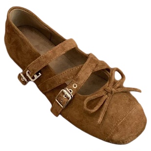 复古豹纹蝴蝶结玛丽珍鞋女2025秋季新款绒面仙女风内增高芭蕾单鞋