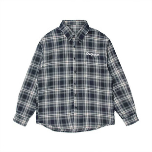 HEEMKIZOO春秋款日系复古刺绣翻领格子衬衫男士长袖衬衣外套潮牌