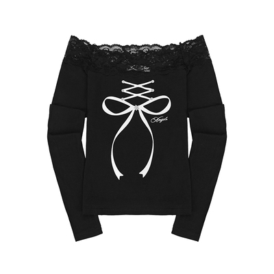 REOY Stu”纯欲风辣妹蕾丝花边一字肩蝴蝶结绑带修身长袖打底衫