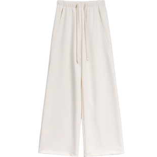 白色羊毛阔腿裤女2025秋冬新款微皱泡泡纱斜纹加绒裤子直筒休闲裤