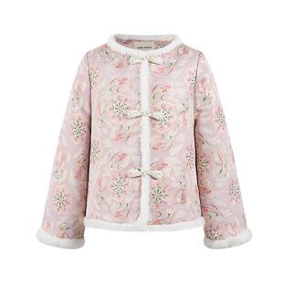 Little Naive女童中式提花棉服冬季保暖夹棉外套儿童盘扣粉色上衣