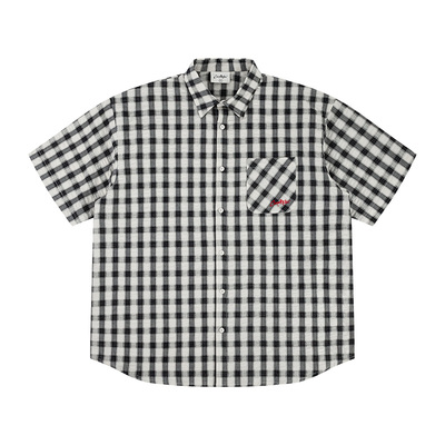 CoosRetro美式复古刺绣logo格子短袖衬衫夏男女潮宽松休闲上衣