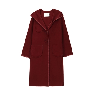 【新年红】MSLAN重工山羊绒连帽双面呢廓形保暖红色大衣外套