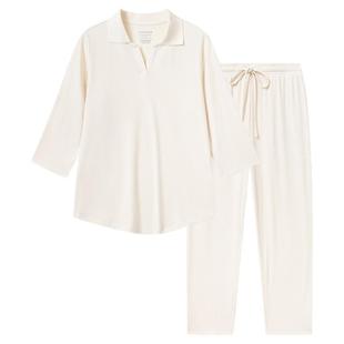 SCHIESSER舒雅25年新品女士横机领罗纹弹力七分袖睡衣家居服套装