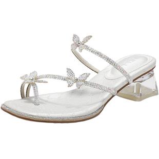 百丽女鞋子小福蝶水钻夹脚拖夏季新款粗跟可外穿凉拖鞋D6E1DBT5