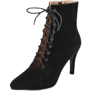 系带短靴子春夏镂空尖头凉靴女细跟大码heels爵士舞蹈跳舞高跟鞋