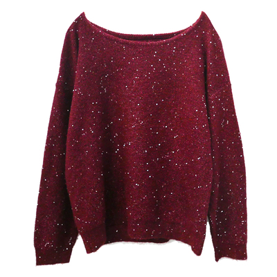 红色一字领亮片中长款针织衫毛衣