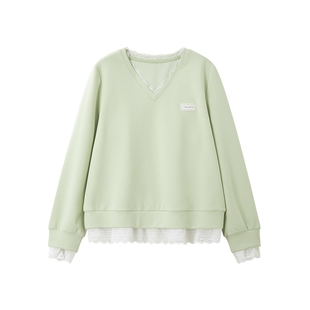 时然大码假两件卫衣微胖mm女装V领蕾丝上衣显瘦正肩春季新品宽松