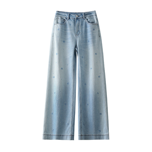 春款满天星烫钻阔腿牛仔裤女2026年新款高腰宽松遮肉撞色直筒裤子