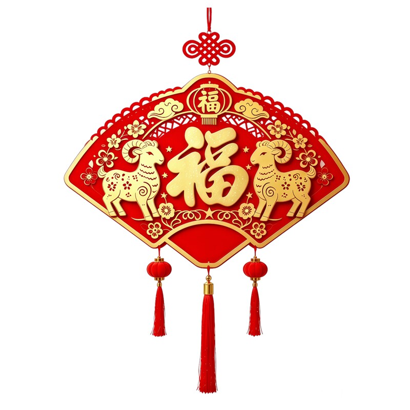 扇形三羊开泰玻璃贴福字梅花祥云中国结流苏喜庆新春吉祥装饰贴纸