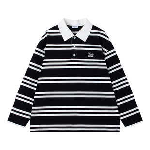 MUCMUKN【时髦新学期】全棉复古假两件黑白条纹POLO衫男女童26春