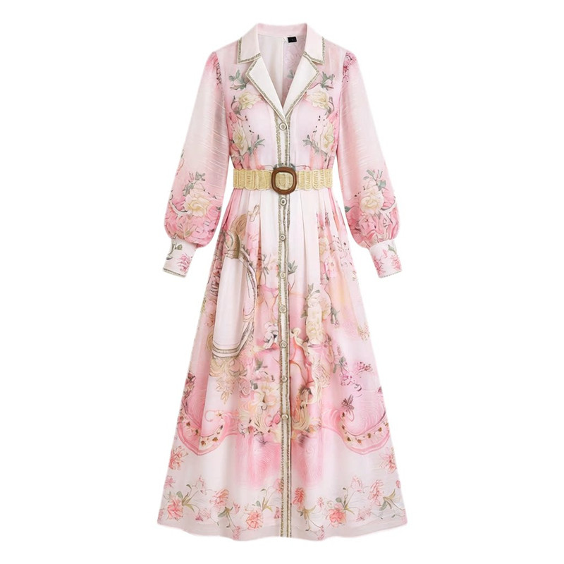 度假风丝麻西装领粉色大码连衣裙